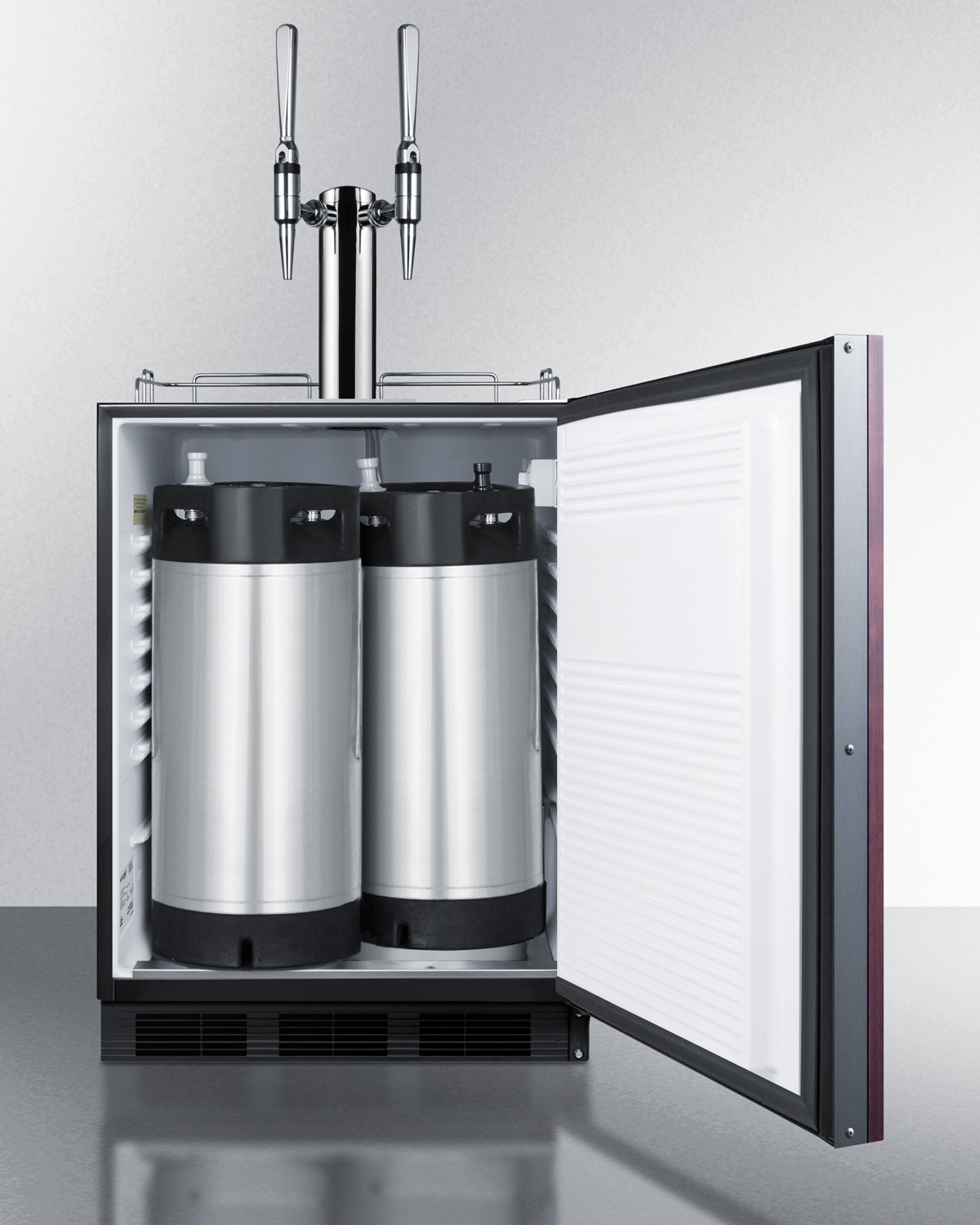 Built-in undercounter ADA height commercially listed dual tap nitro coffee dispenser with panel-ready door and black cabinet